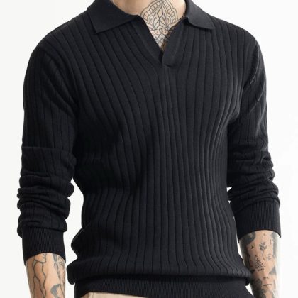 Full Sleeve Textured Polo Shirt - Black (Heavy Weight)