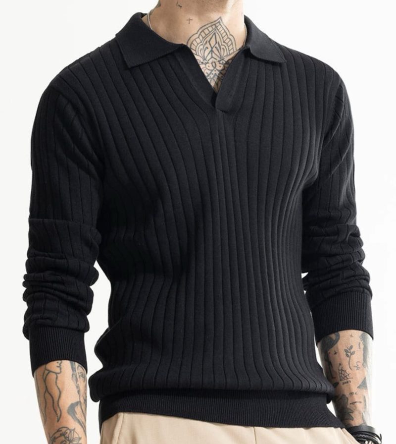 Full Sleeve Textured Polo Shirt - Black (Heavy Weight)