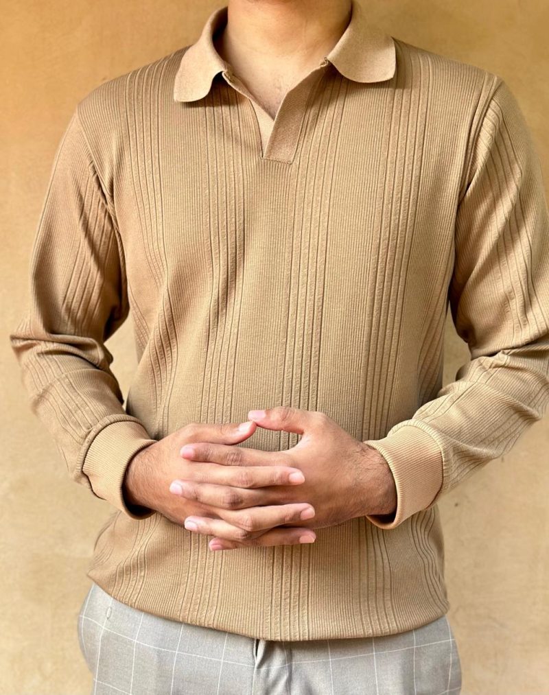 Spicy Brown - Full Sleeve Textured Polo Shirt - Image 2