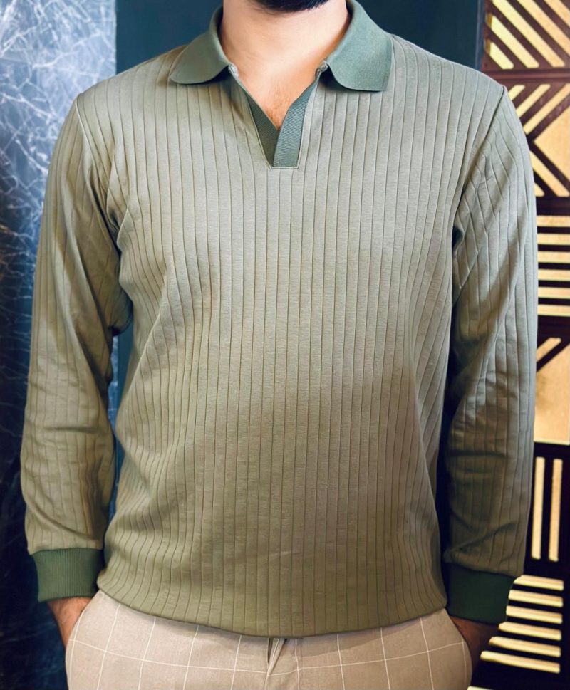 Full Sleeve Textured Polo Shirt - Olive (Heavy Weight)