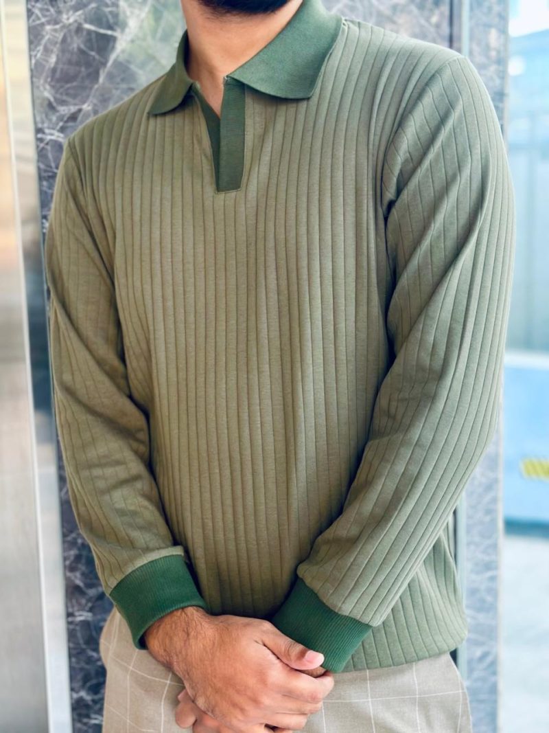Full Sleeve Textured Polo Shirt - Olive (Heavy Weight) - Image 2