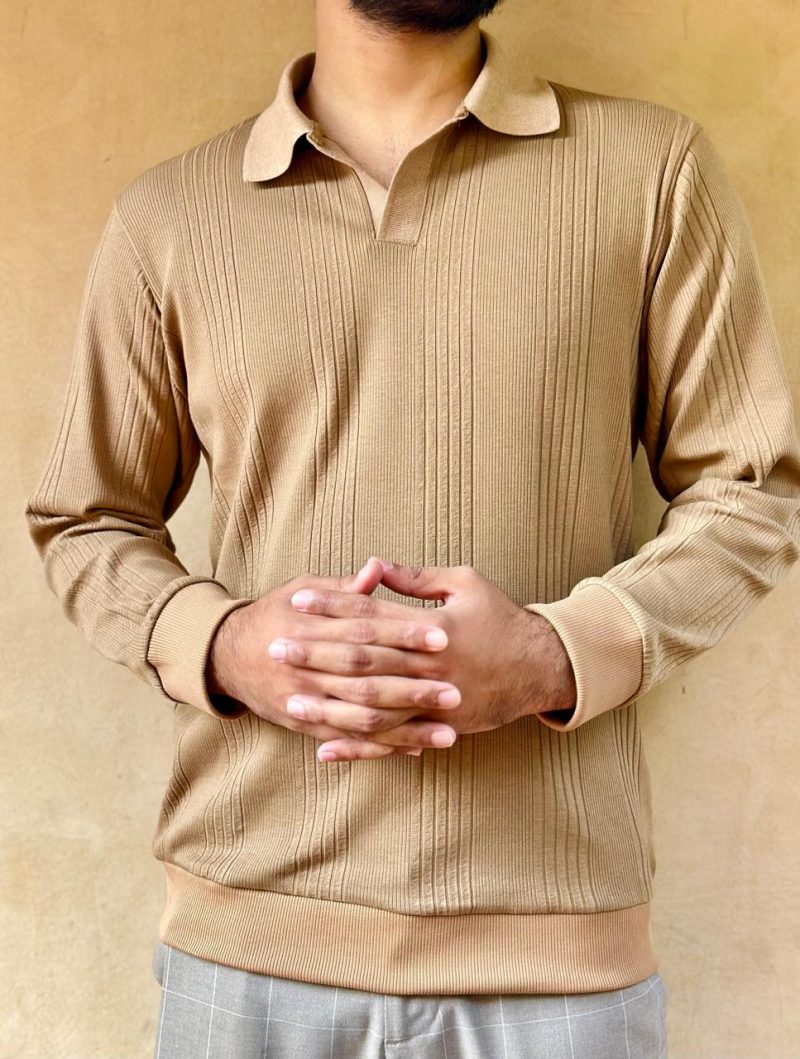 Spicy Brown - Full Sleeve Textured Polo Shirt - Image 3