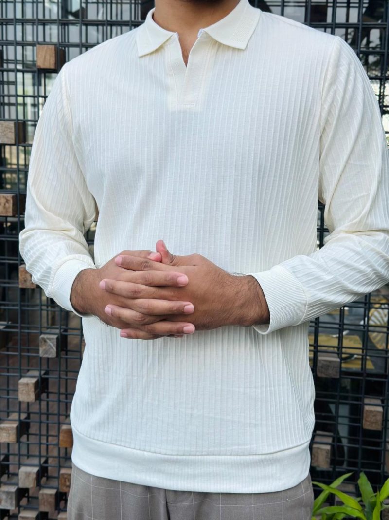Full Sleeve Textured Polo Shirt - Cream (Heavy Weight) - Image 4