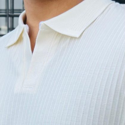 Full Sleeve Textured Polo Shirt - Cream (Heavy Weight)