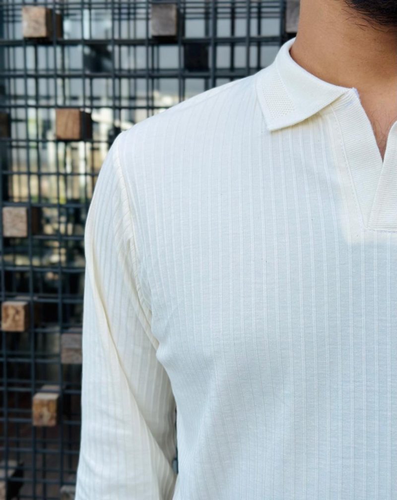 Full Sleeve Textured Polo Shirt - Cream (Heavy Weight) - Image 2