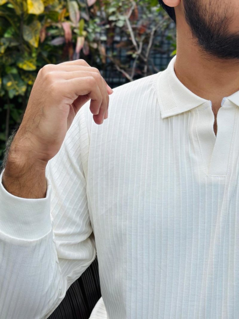 Full Sleeve Textured Polo Shirt - Cream (Heavy Weight) - Image 5