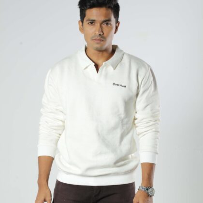 Knitted White  - Full Sleeve Textured Polo Shirt