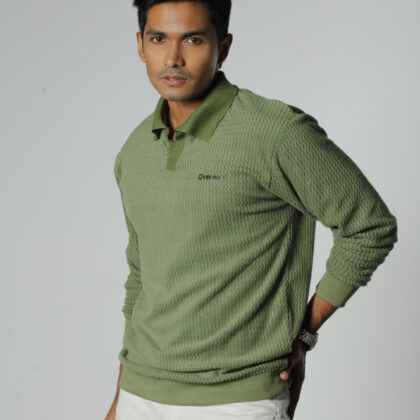 Pastel Green  - Full Sleeve Textured Polo Shirt
